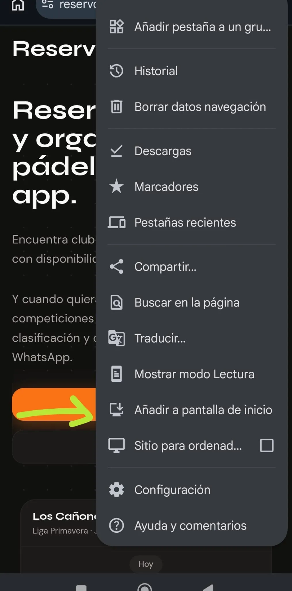 Menú de Chrome abierto con la opción "Añadir a pantalla de inicio" resaltada