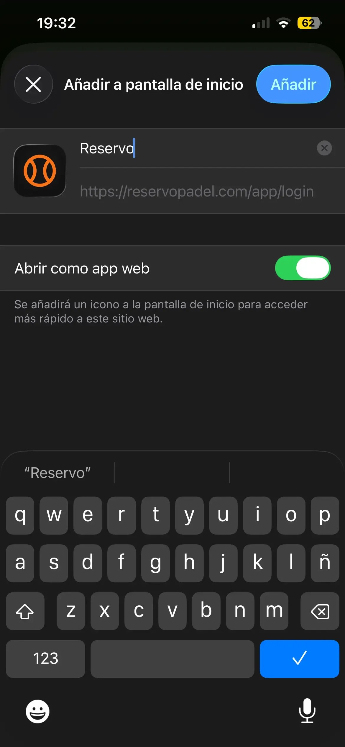 Pantalla final de Safari para añadir Reservo a la pantalla de inicio